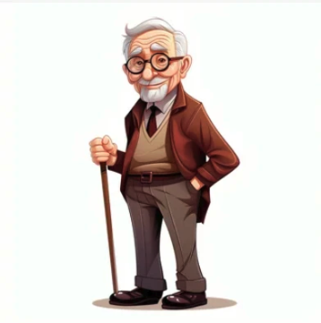Cheerful elderly gentleman character with glasses and cane